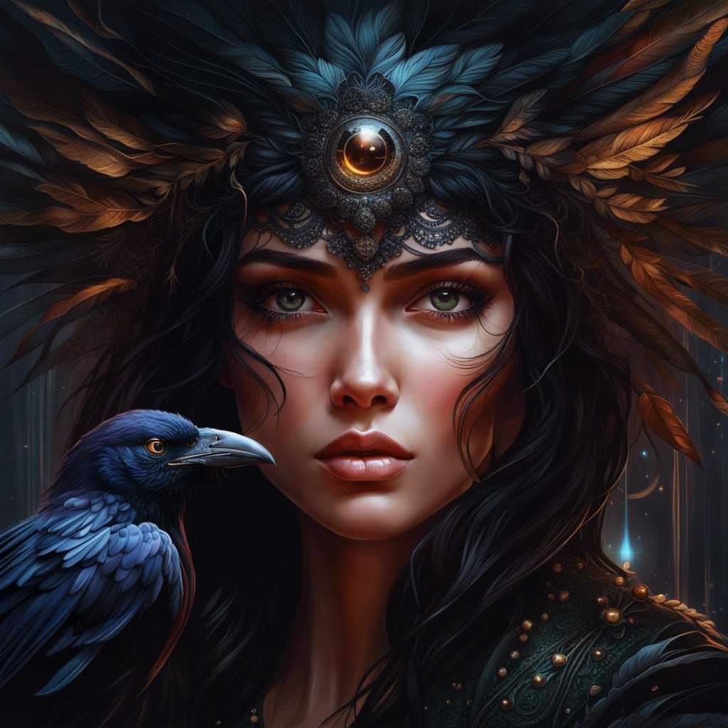 Goddess with Raven: Detailed Digital Painting