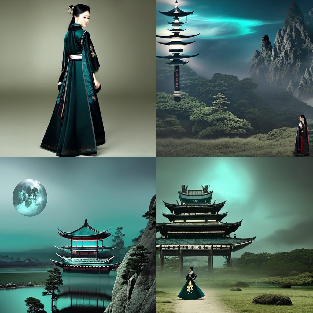 Teal and Black Space Theme Hanfu Dress in Japanese Style