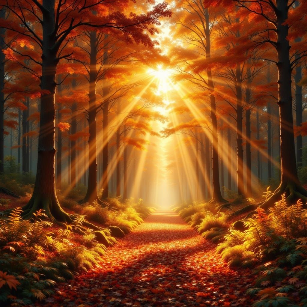 Golden Hour Sunlight Through Autumn Forest