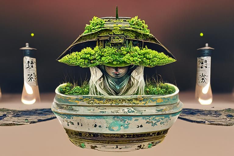 Luminous Bonsai Lanterns: Photoillustration in Ukiyo-e Style