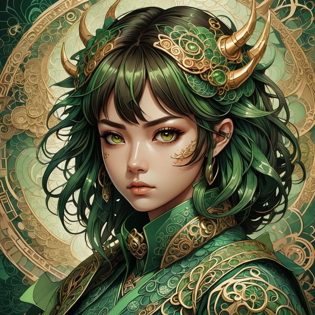 Demon Slayer Girl Portrait with Zentangle Patterns