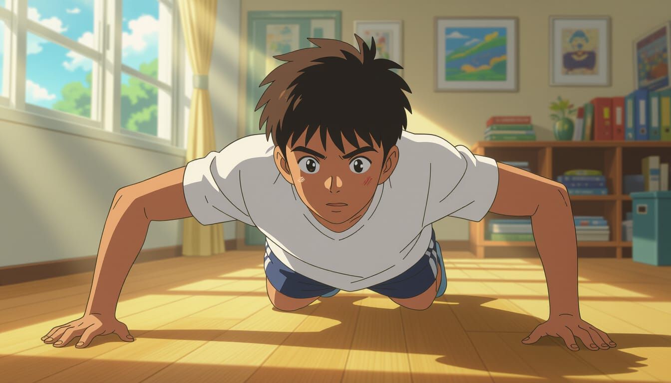 Indian Teen Boy Excels in Push-Up Challenge, Ghibli Anime St...