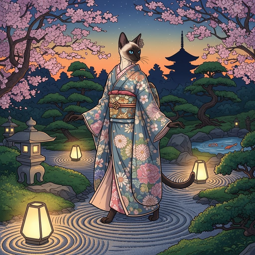 Elegant Cat-Woman in Japanese Garden with Lanterns