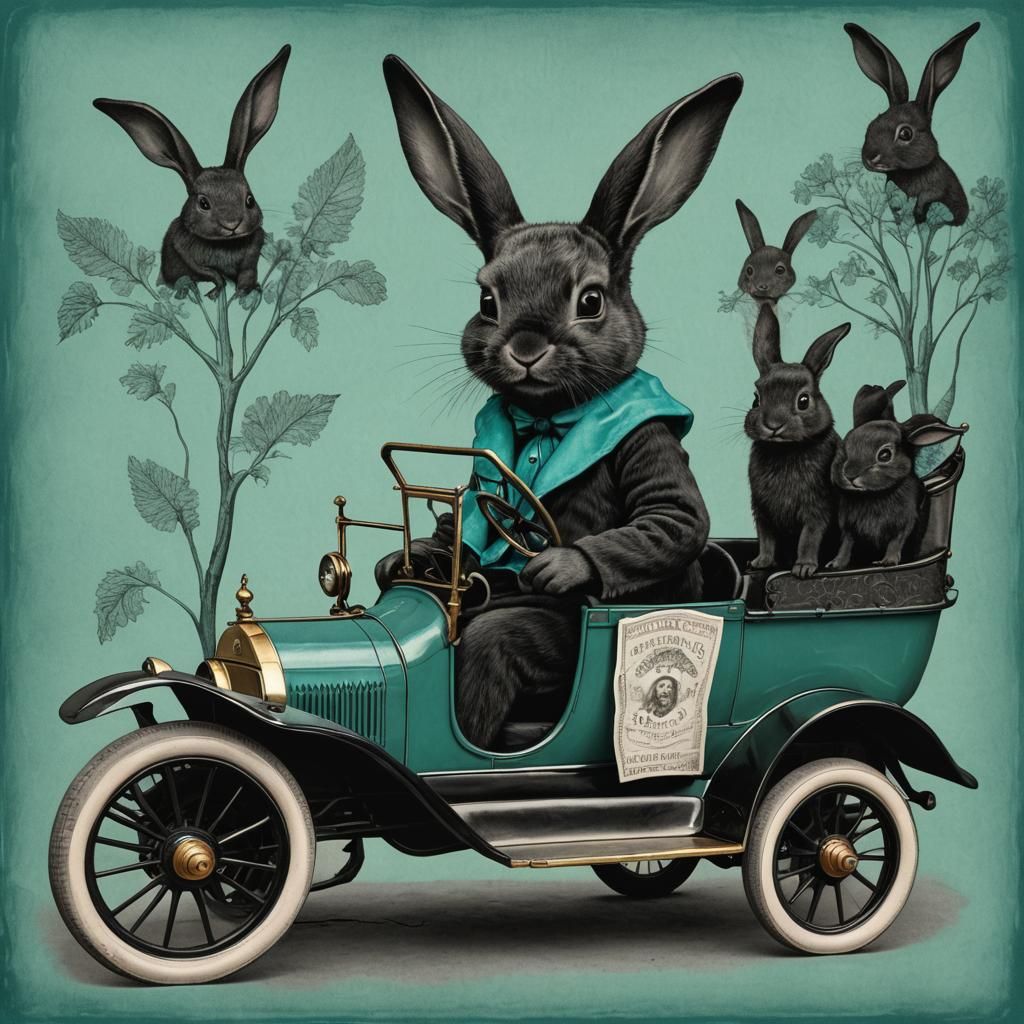 Toddler in Turquoise Ford with Black Rabbits