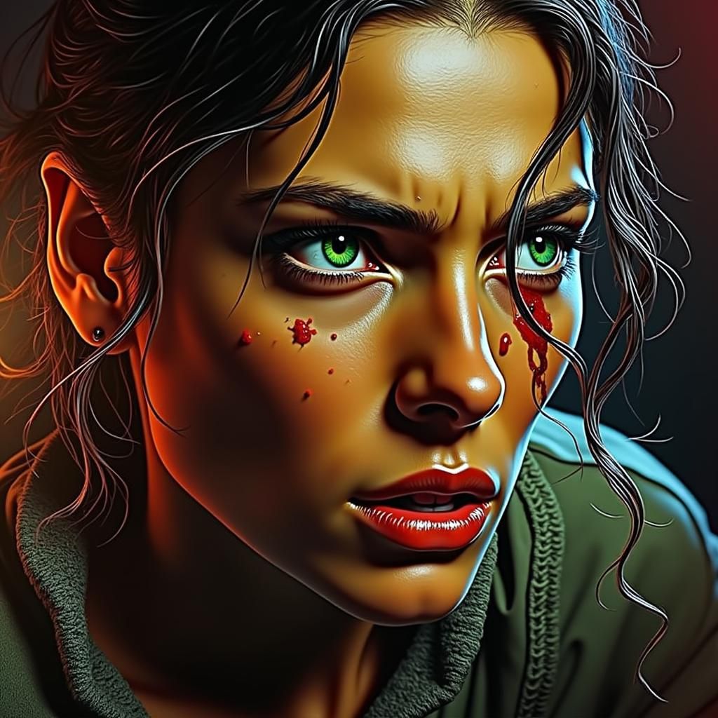 Woman with Scar Shouting in Colored Light