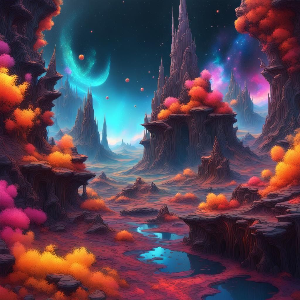 an intricate cosmic landscape using vibrant ink splatters as the foundation.