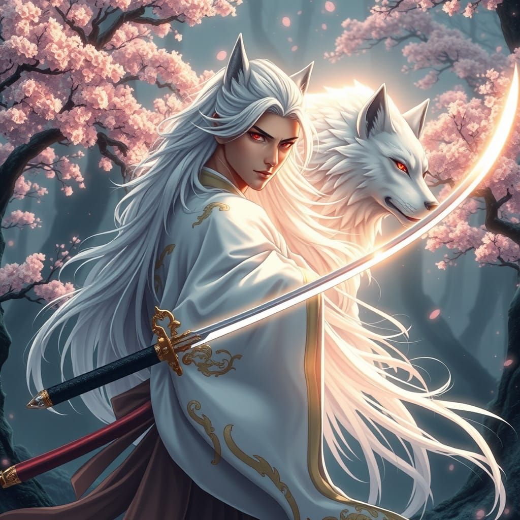 A male Japanese prince with long, flowing, white hair, piercing red eyes, and striking wolf-like features, such as sharp...