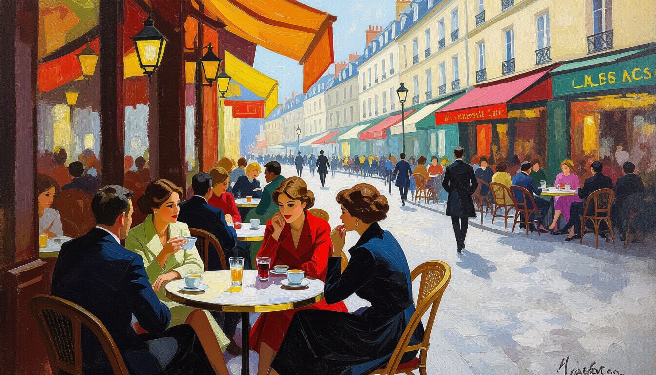 Parisian Cafe Scene in Impressionist Style