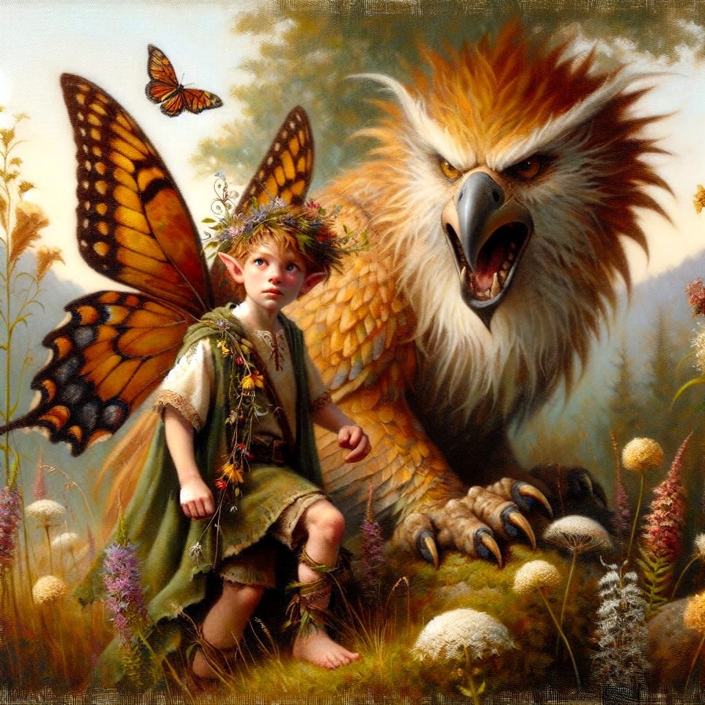 Fae Child Surrounded by Griffin in Golden Afternoon Light