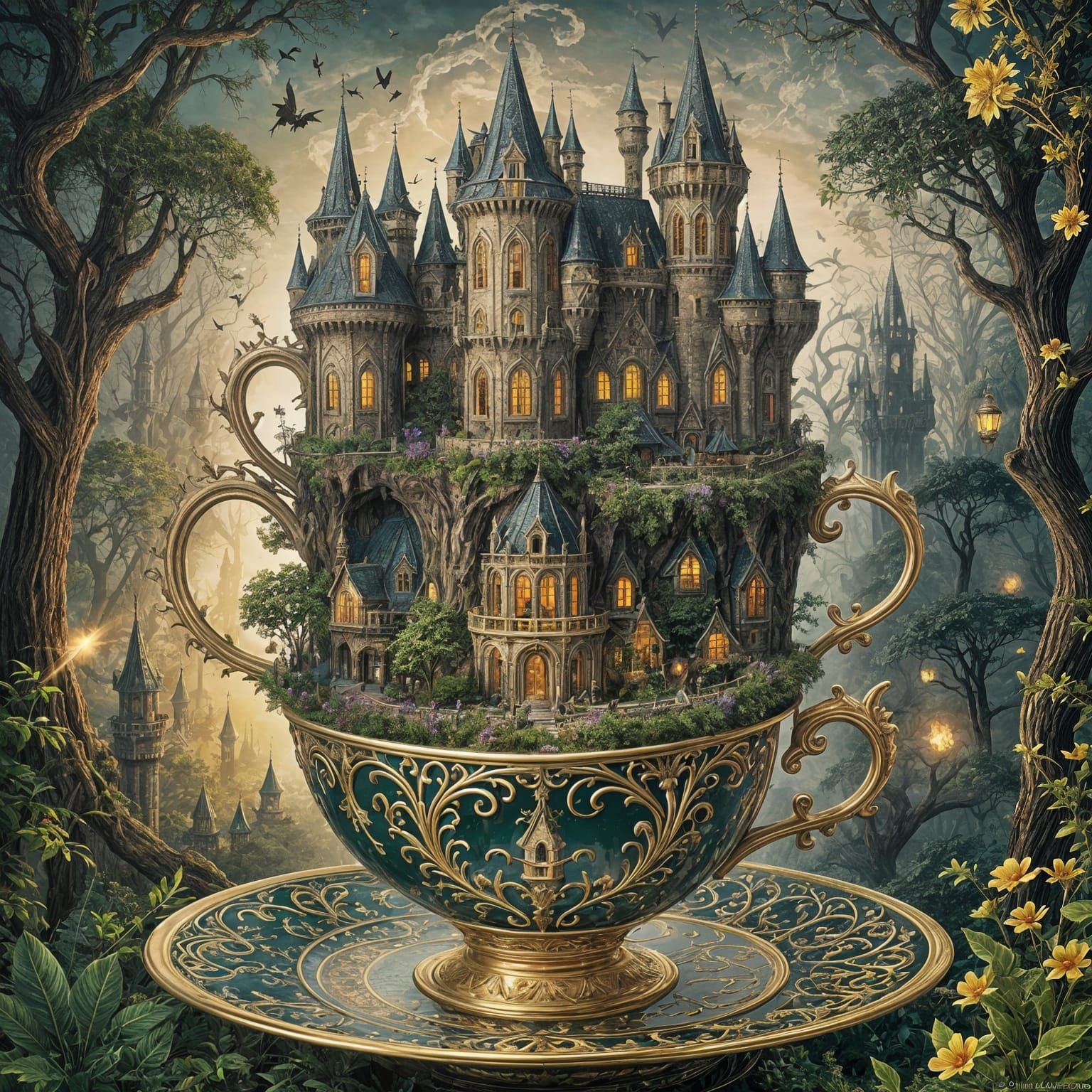 Gothic Castle Emerges from Teacup in Digital Art