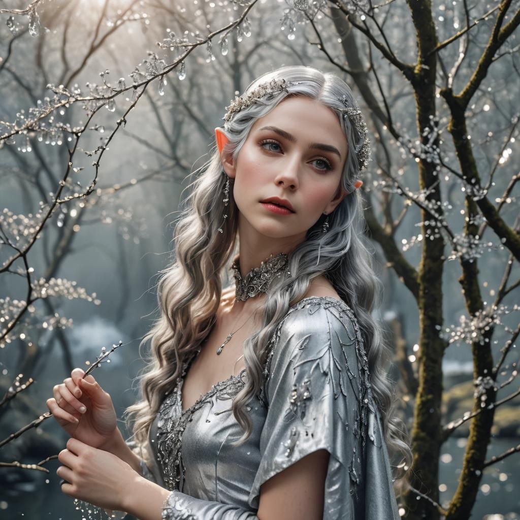 Silver-Haired Elf in Crystal Dress by Water