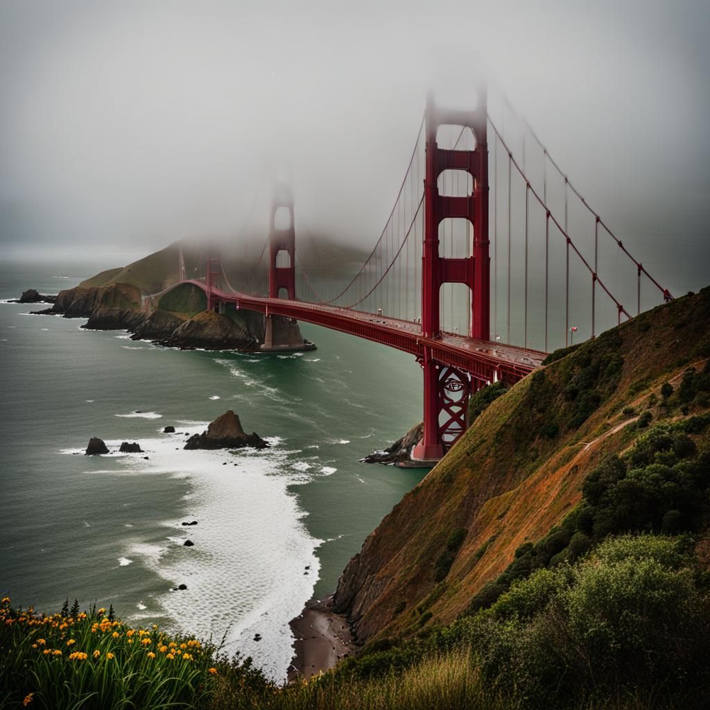Golden Gate Bridge on a Misty Rainy Day