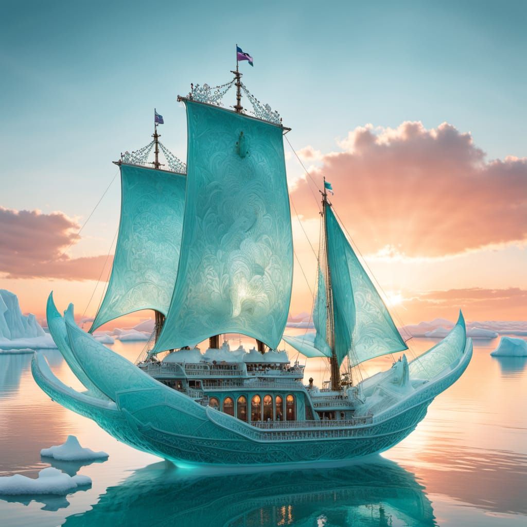 Lotus Ship of Ice-Blue Glass in Ethereal Sunset