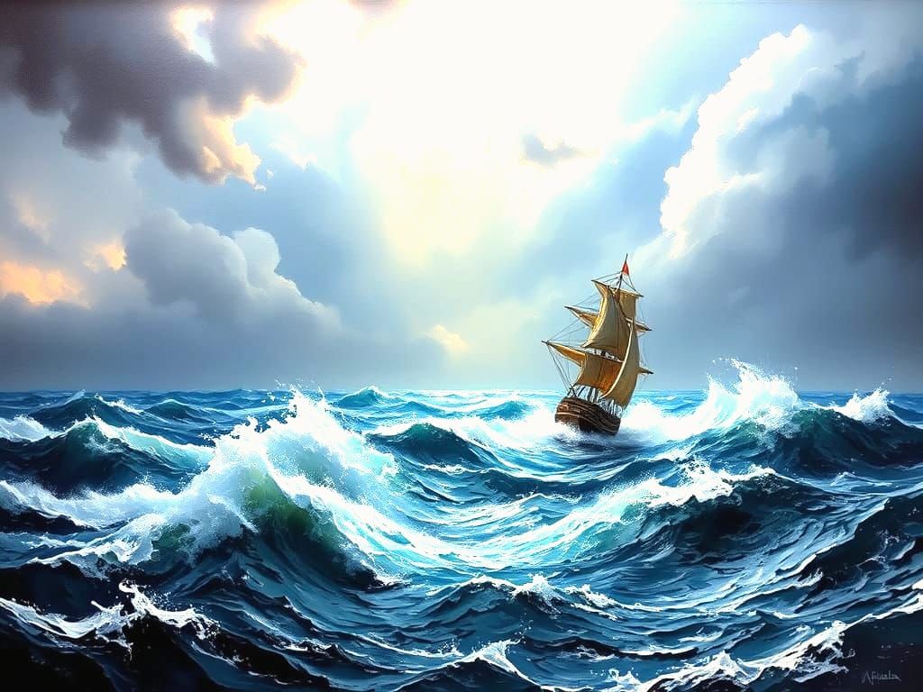 Stormy Sea Landscape With Sailing Ship in Turner Style