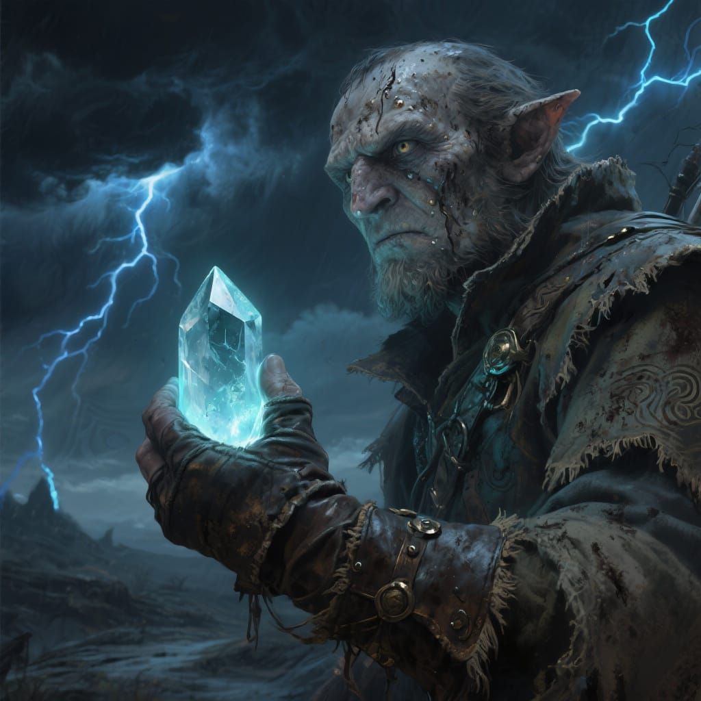 Ickwonaught Adventurer Clutching Crystal in Ominous Storm