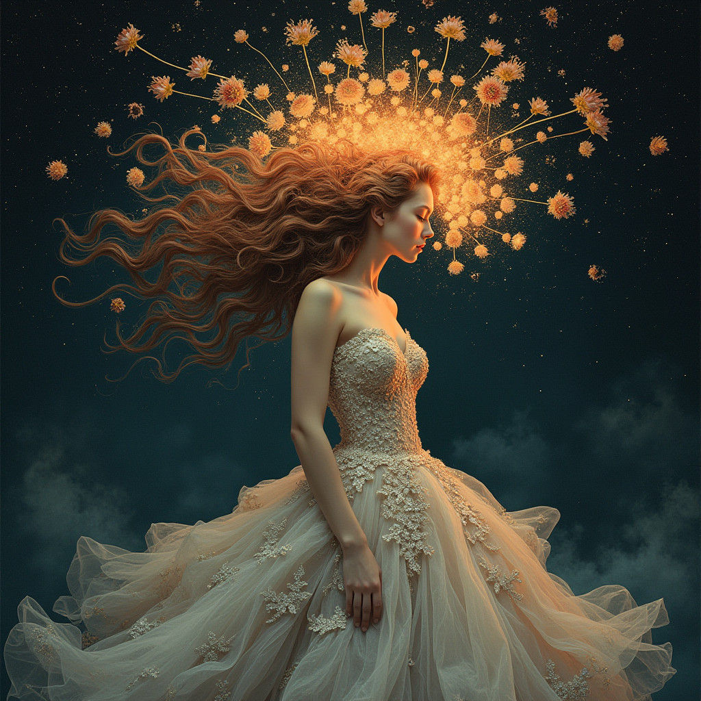 Mysterious Woman Surrounded by Flaming Flowers