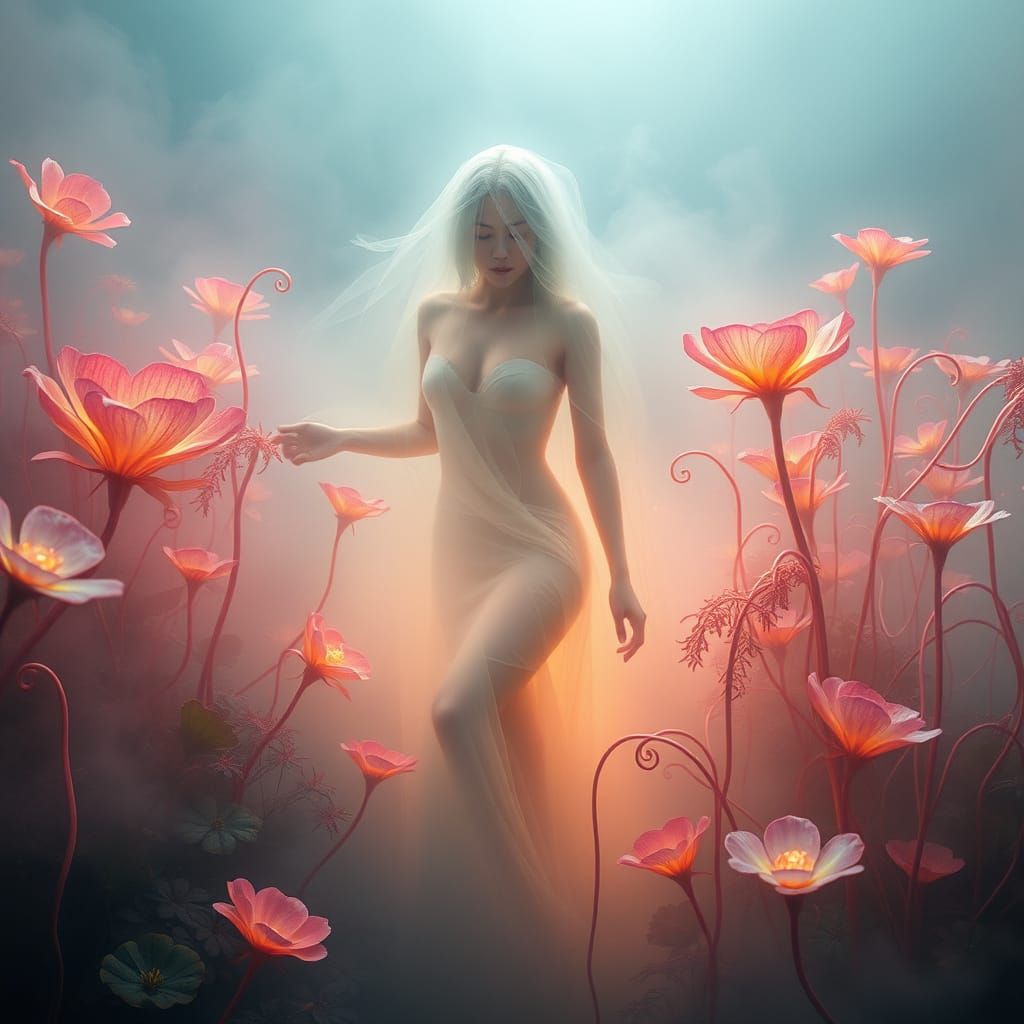Ethereal Goddess in Luminous Garden of Rare Blooms