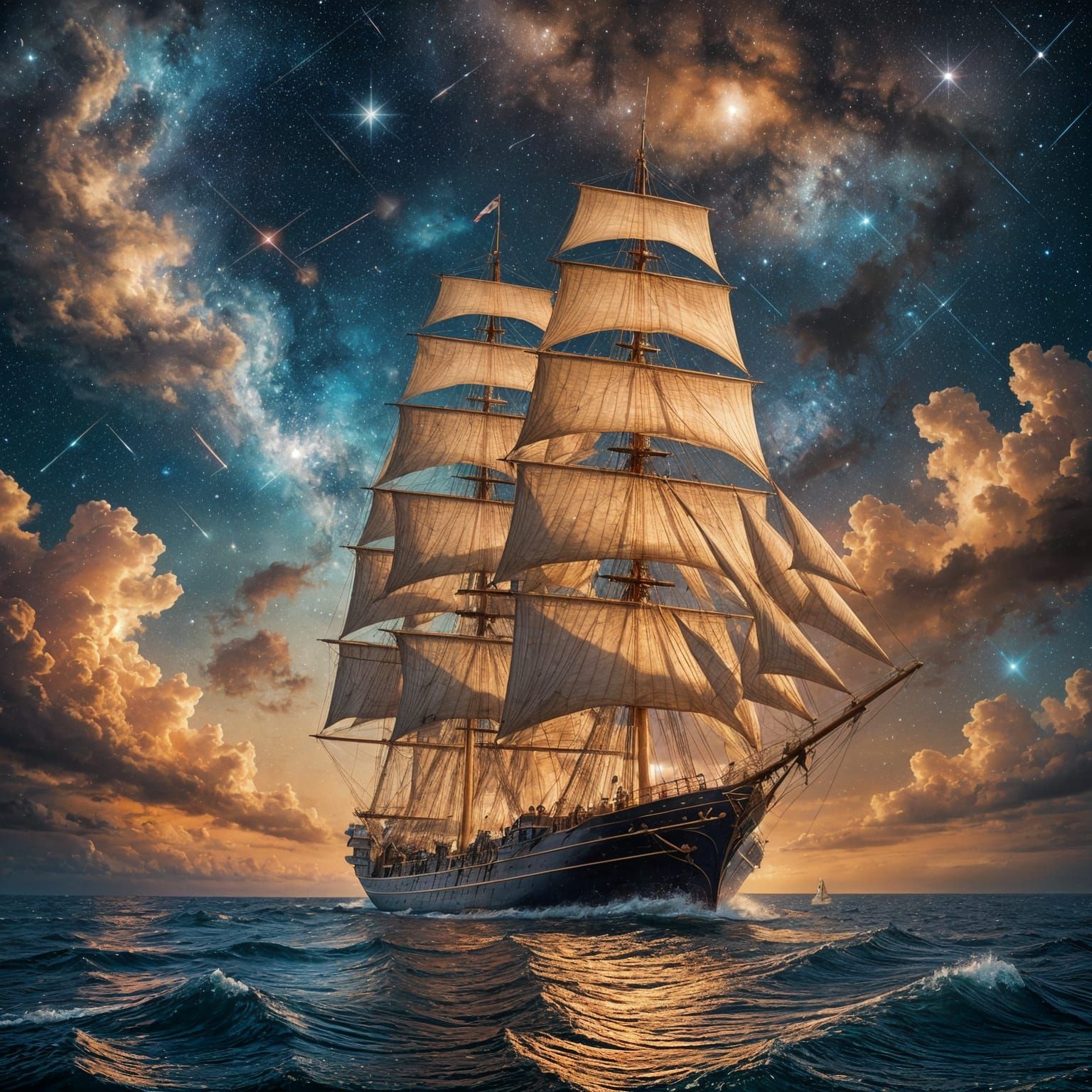 Majestic Ship Sails Starry Sea: Impressionistic Style