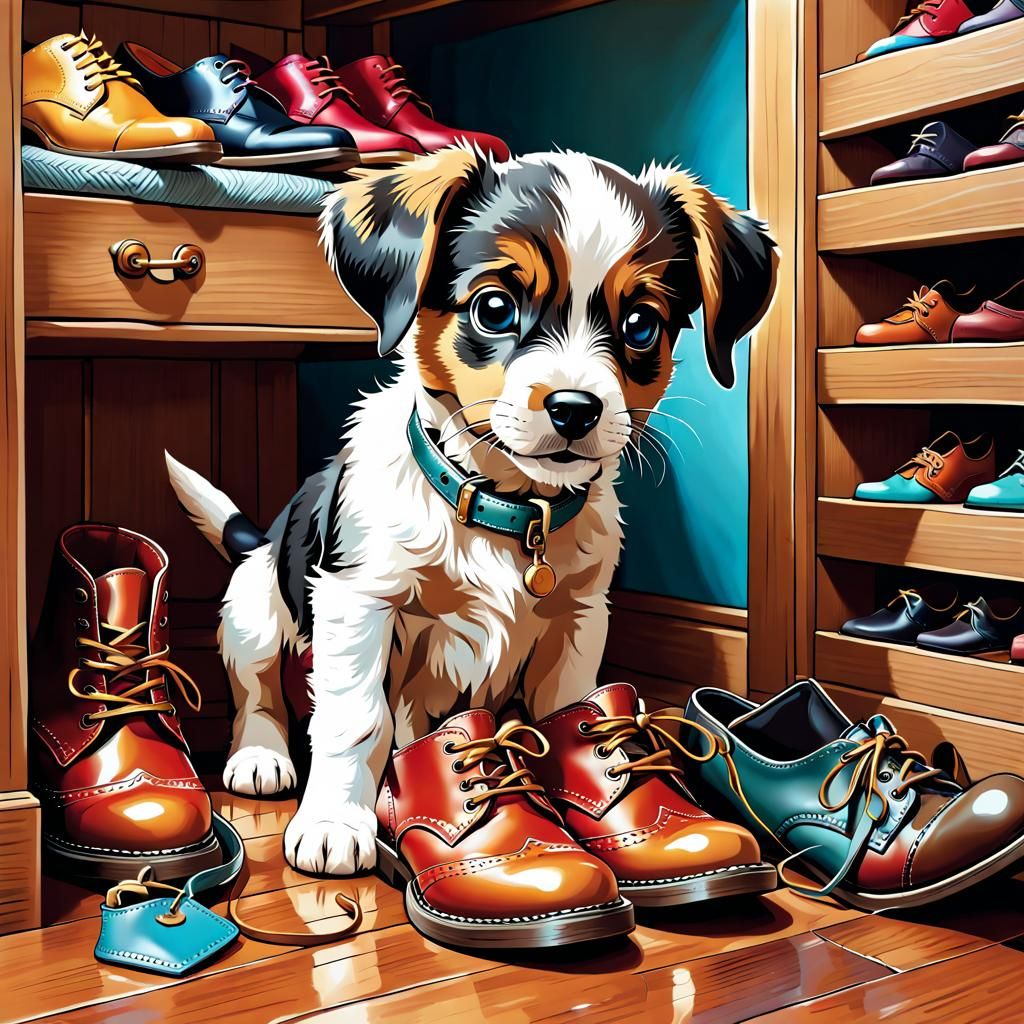 Cute Puppy Mischief in Colorful Closet