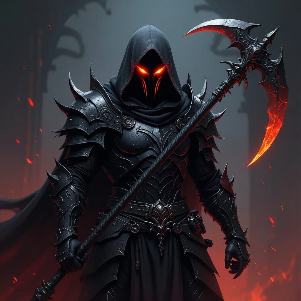 Hell Knight in Black Armor with Fiery Eyes