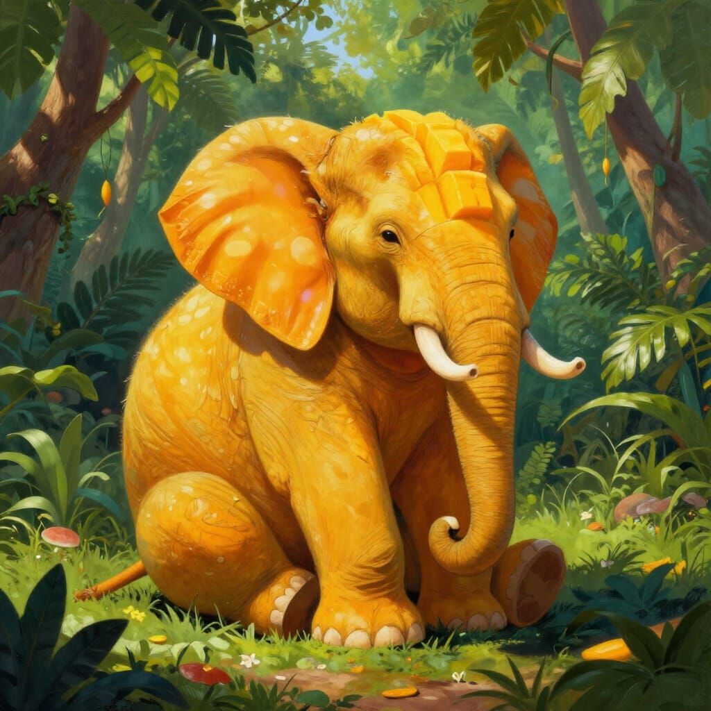 Surreal Mango Elephant in Lush Jungle Clearing