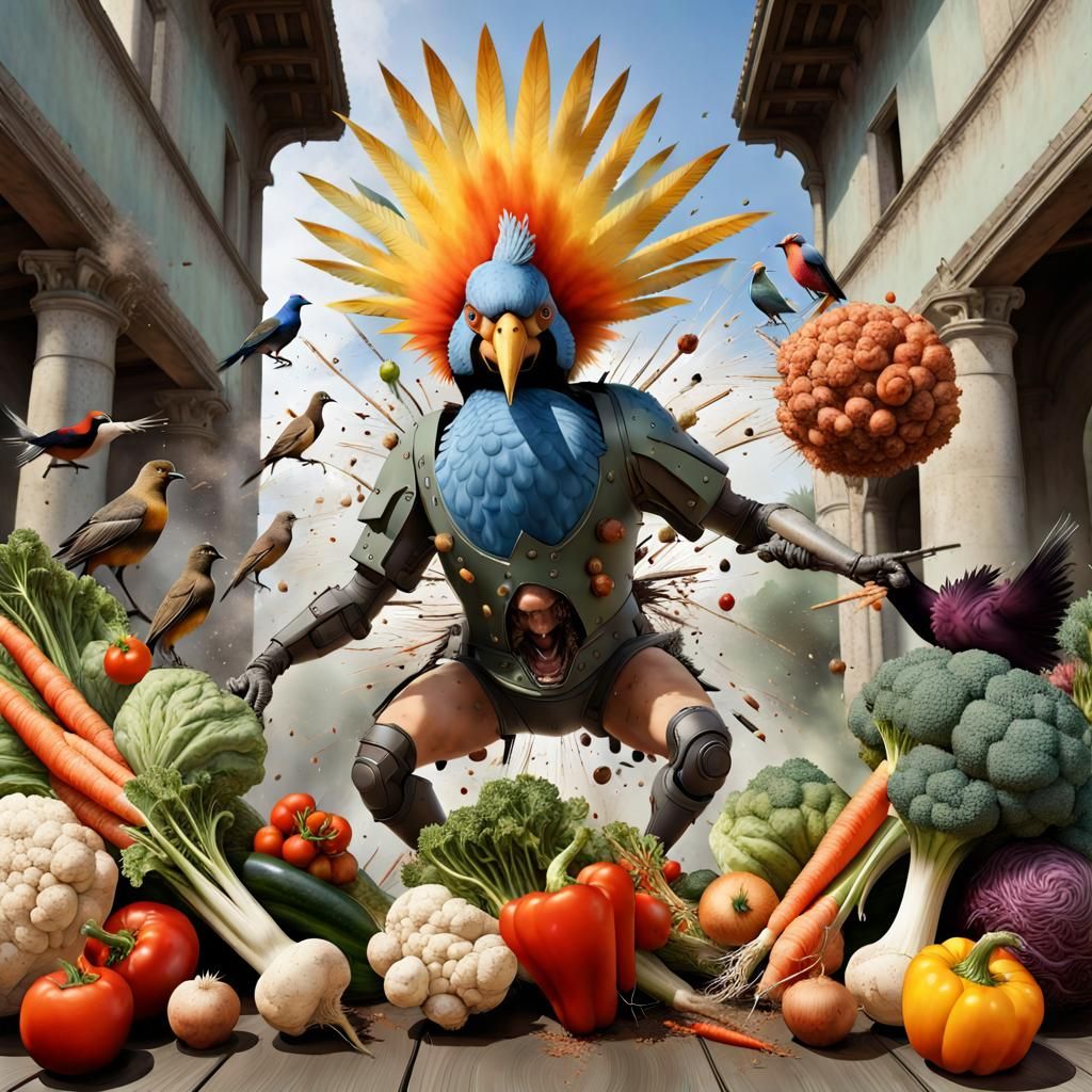 Exploding Celebration with Birds and Vegetables as 3D Art