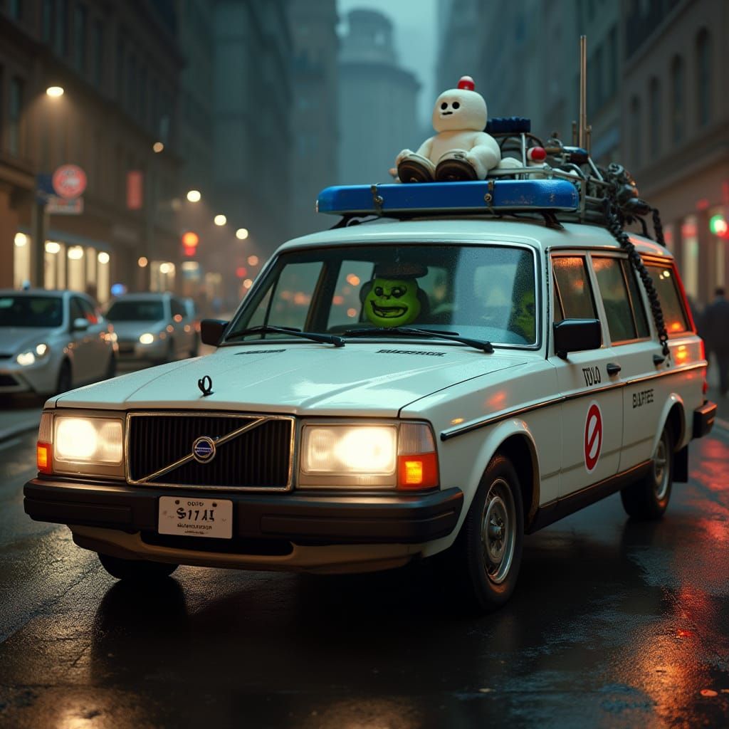Ghostbusters Volvo with Slimer and Marshmallow Man