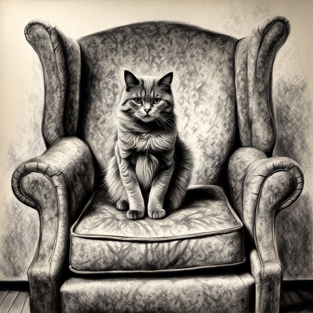 Sad Cat in Armchair: Hyperdetailed Charcoal Drawing