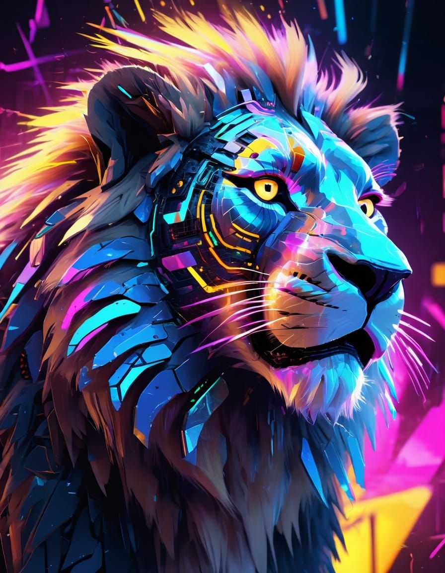 Cybernetic Lion Roars in Neon Light: Digital Art