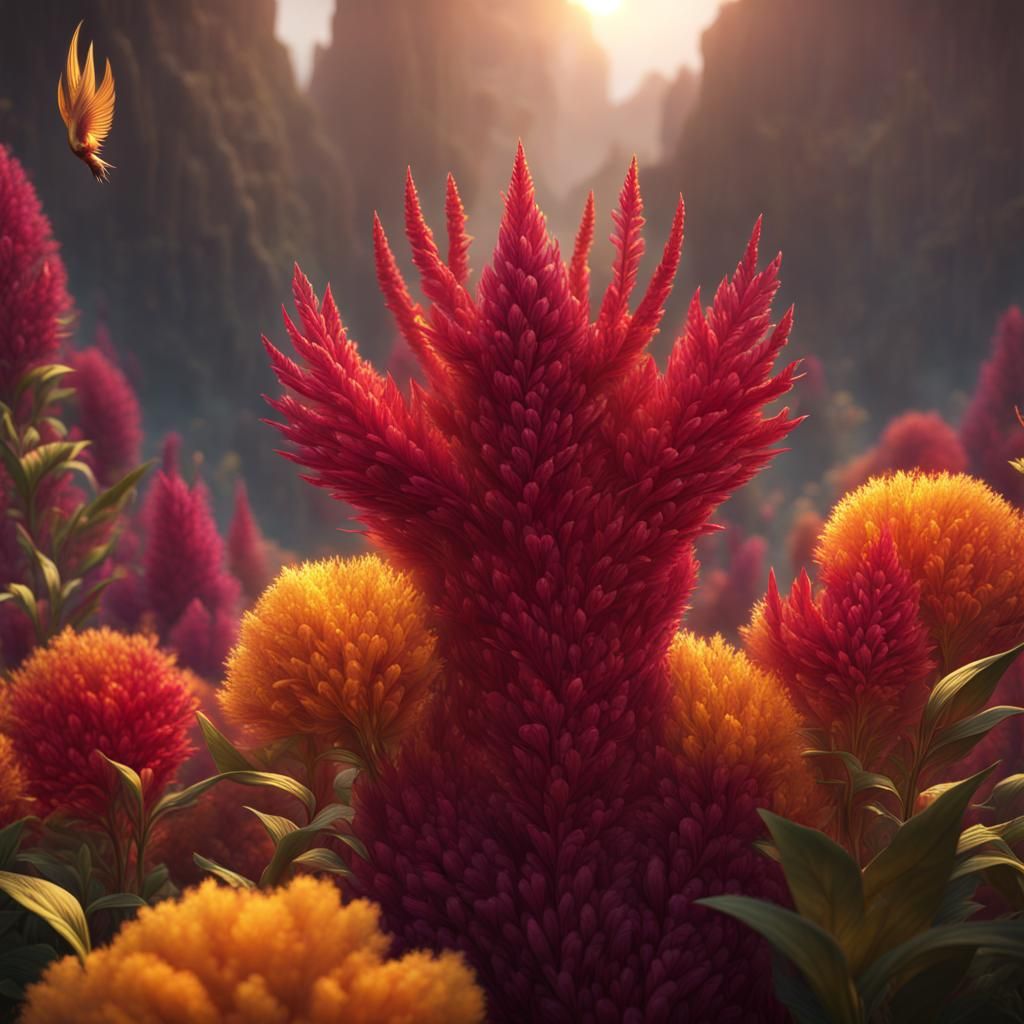 Phoenix Among Celosia Flowers in Detailed Matte Painting