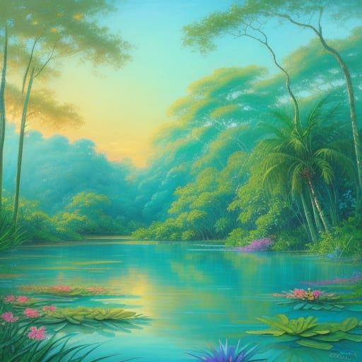 Tropical Lagoon: Impressionist Landscape Painting