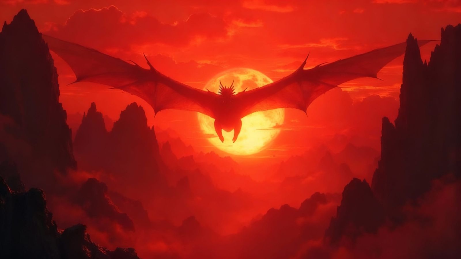 Majestic Dragon Over Red Sunset, Epic Fantasy Art