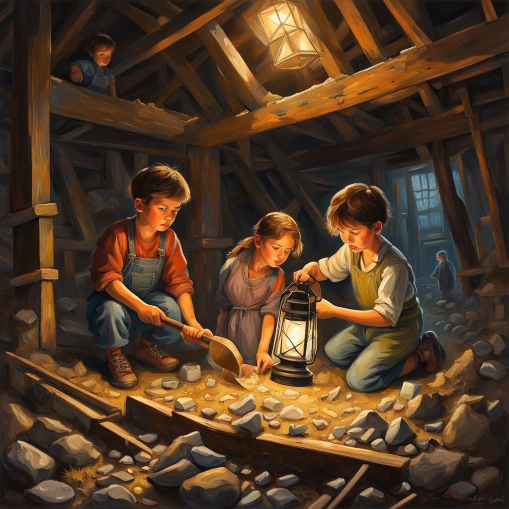 Children Find Treasure in Old Mine Painting
