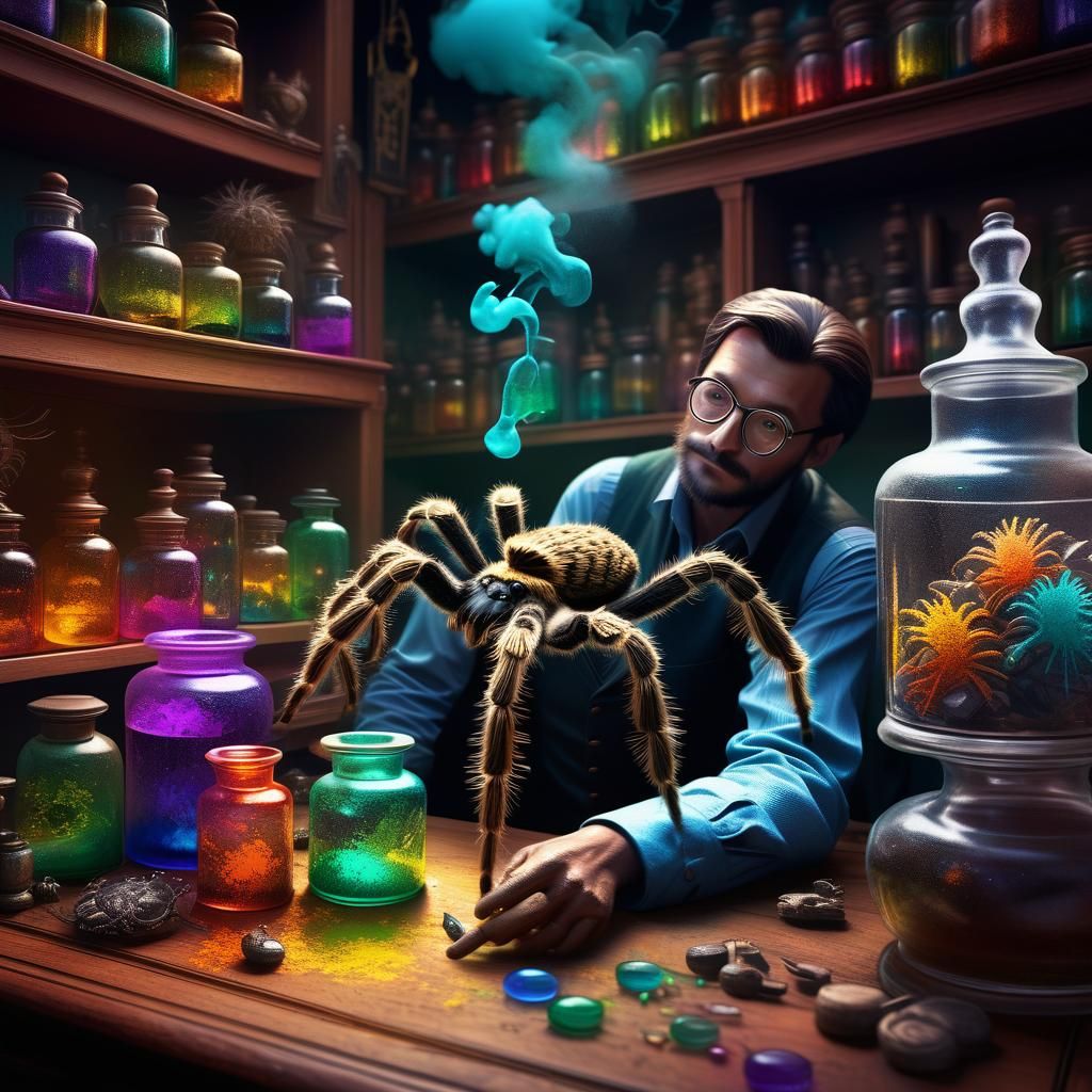 Tarantula-Man Alchemist in Colorful Fantasy Lab