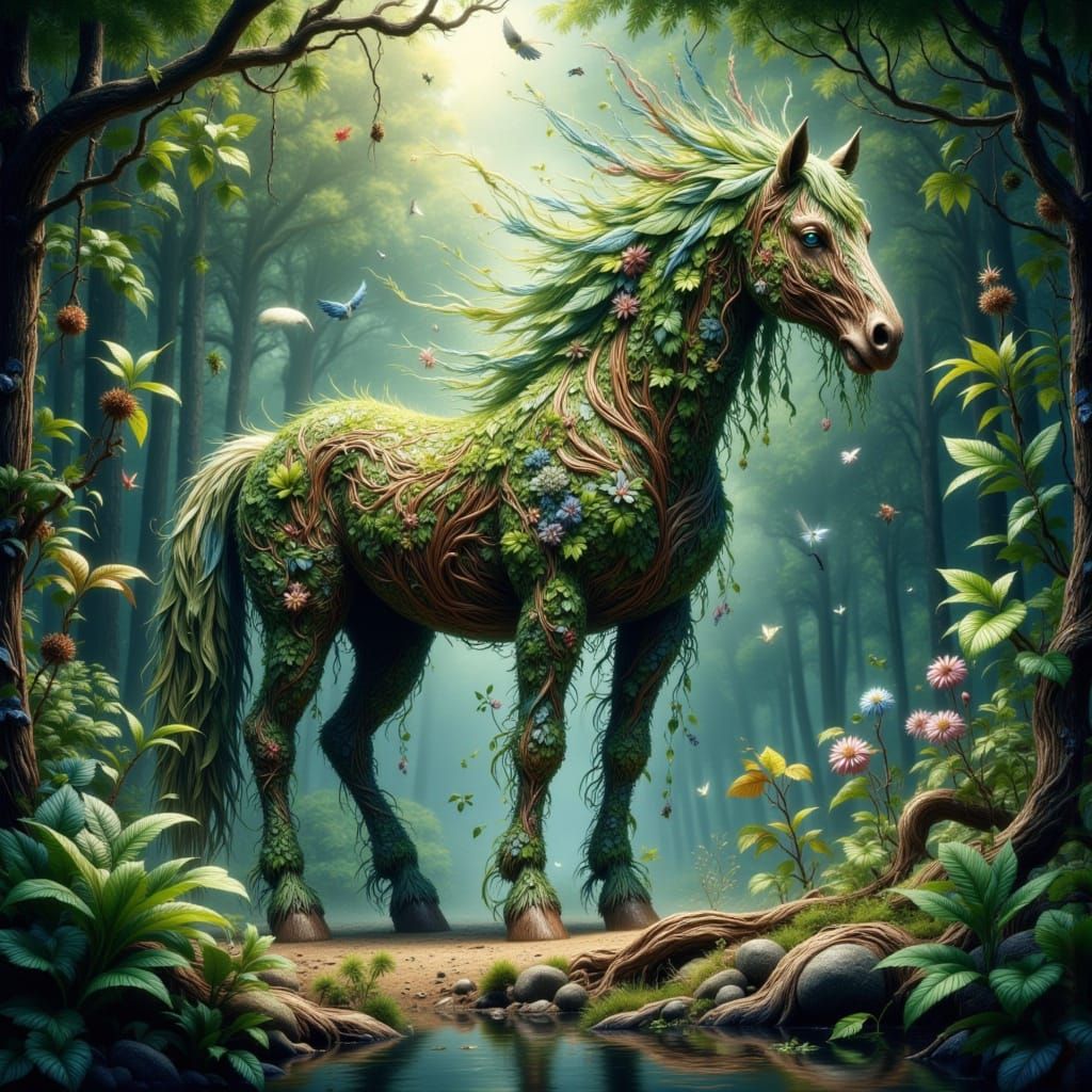 Enchanted Plant-Horse Hybrid in Mystical Forest