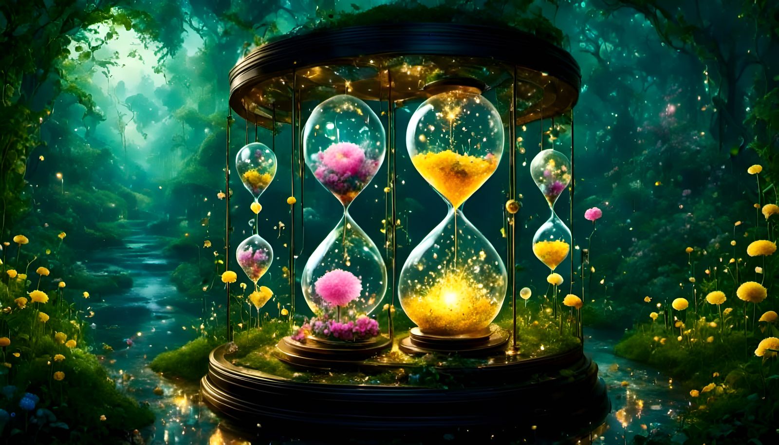 Enchanted Hourglasses with Fairies in Fantasy Garden