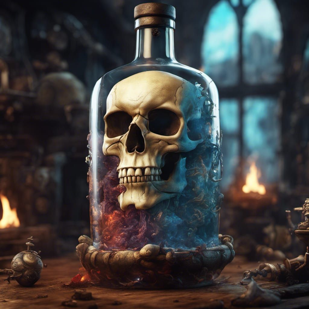 Pirate Skull Hideout in a Wine Bottle
