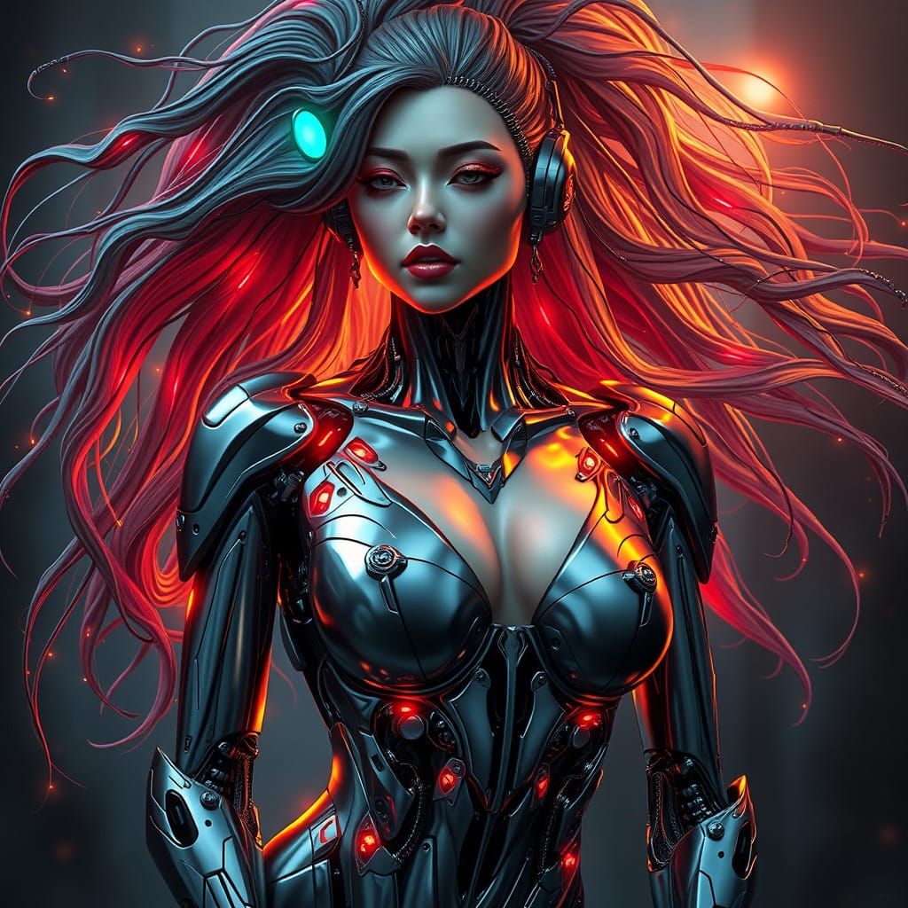 Cyberpunk Goddess in Shimmering Metallic Splendor