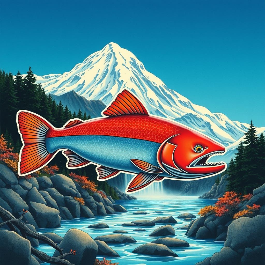 Vibrant Salmon Silhouette Against Majestic Mountain Landscap...