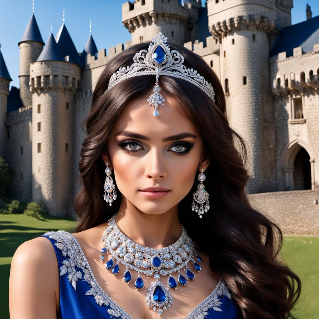 Beautiful Woman in Blue Gown at Castle