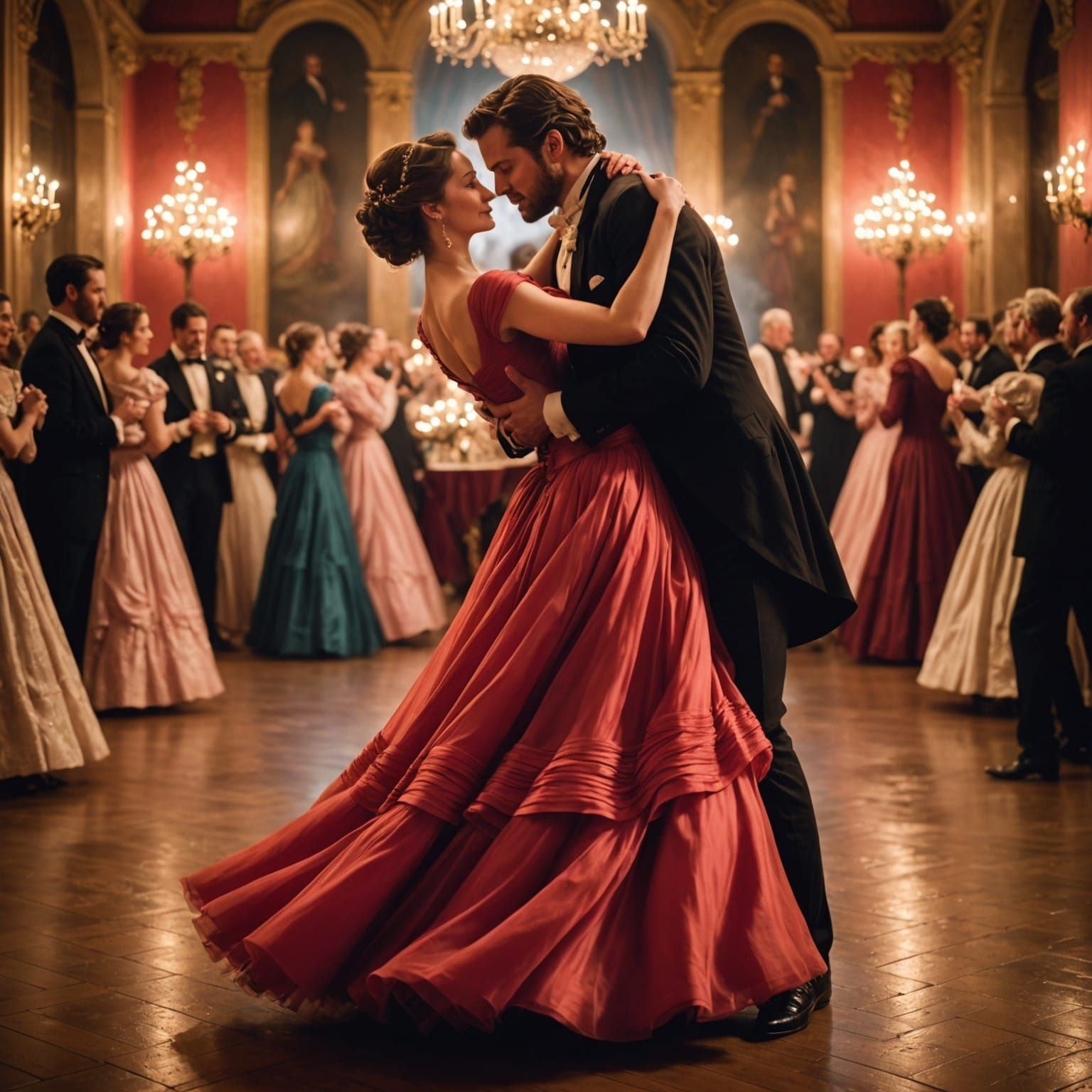 Couple in Elegant 19th-Century Ballroom Dance with Soft Focu...