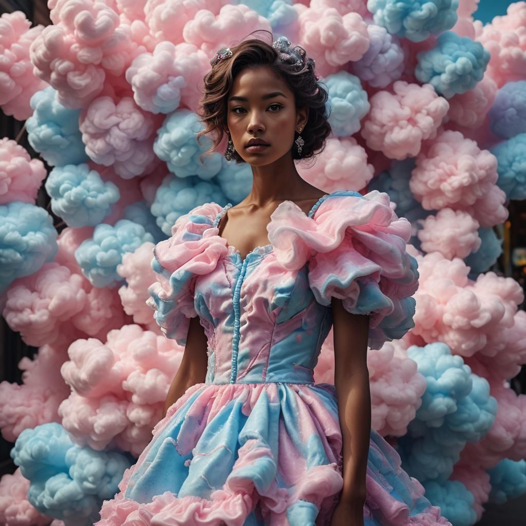 Woman in Cotton Candy Dress: Hyperrealistic Image