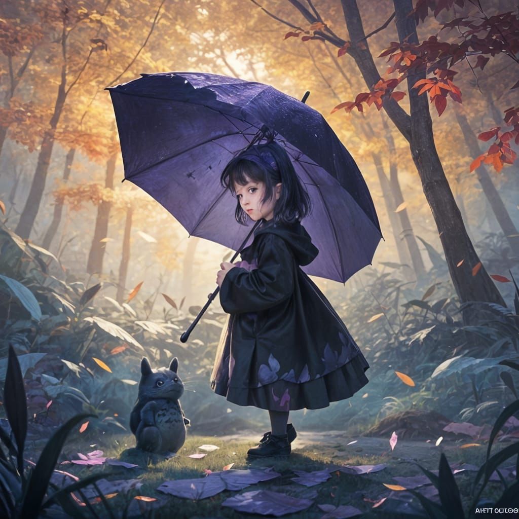 Totoro and Girl in Forest, Digital Art