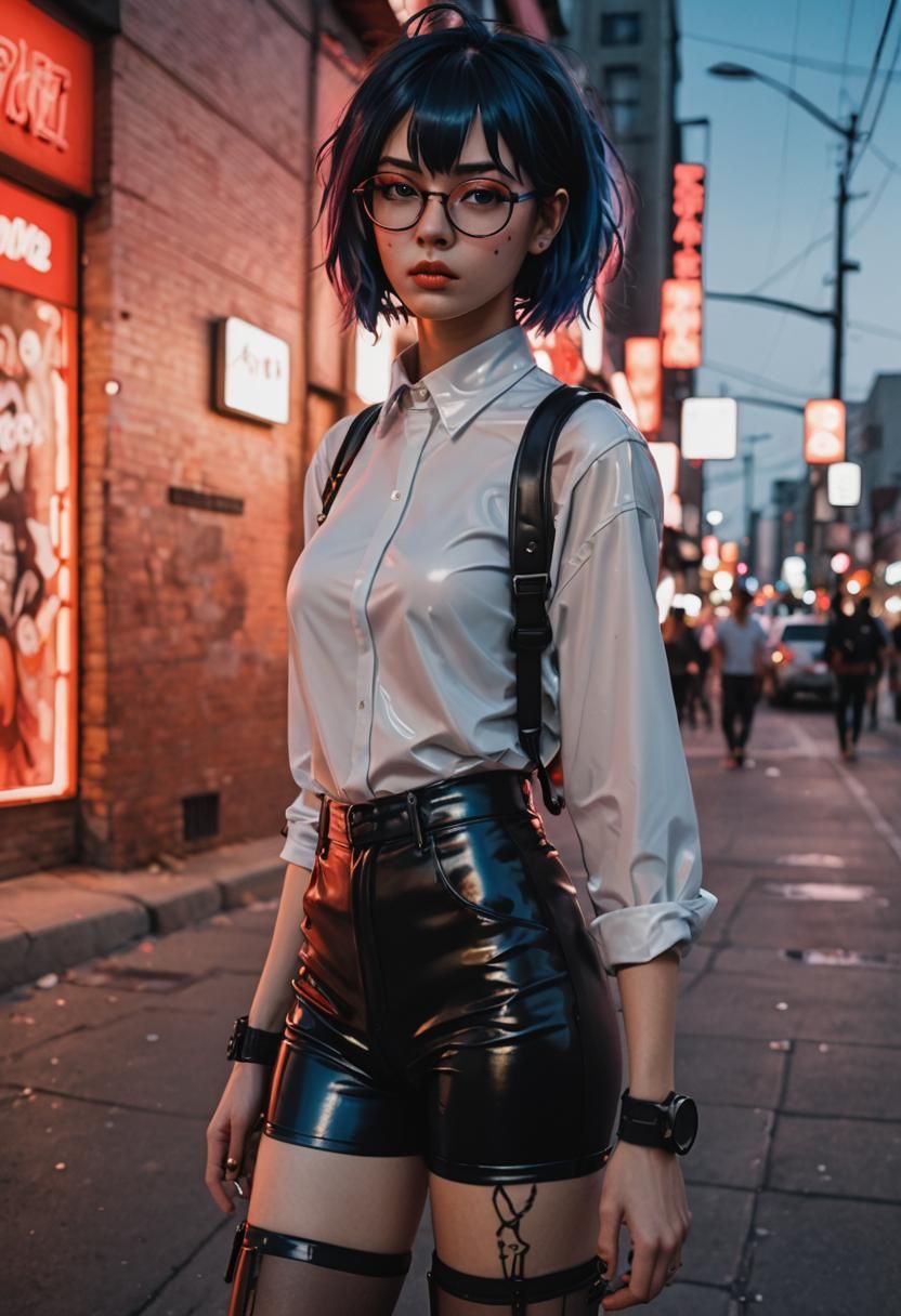 Anime Woman in Latex Outfit at Dusk