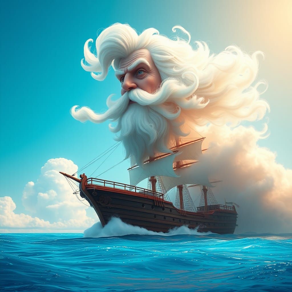 Cloud Man Breathes Wind for Sailing Ship, 3D Art
