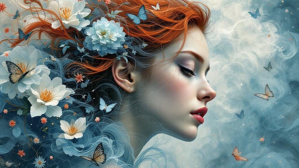 Floral Woman with Crimson Hair in Art Nouveau Style