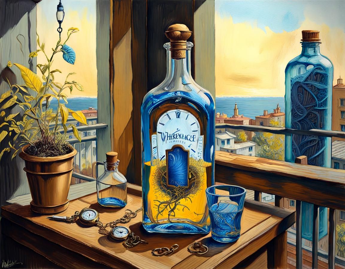 whiskey bottle & pocket watch on a table in balcony garden