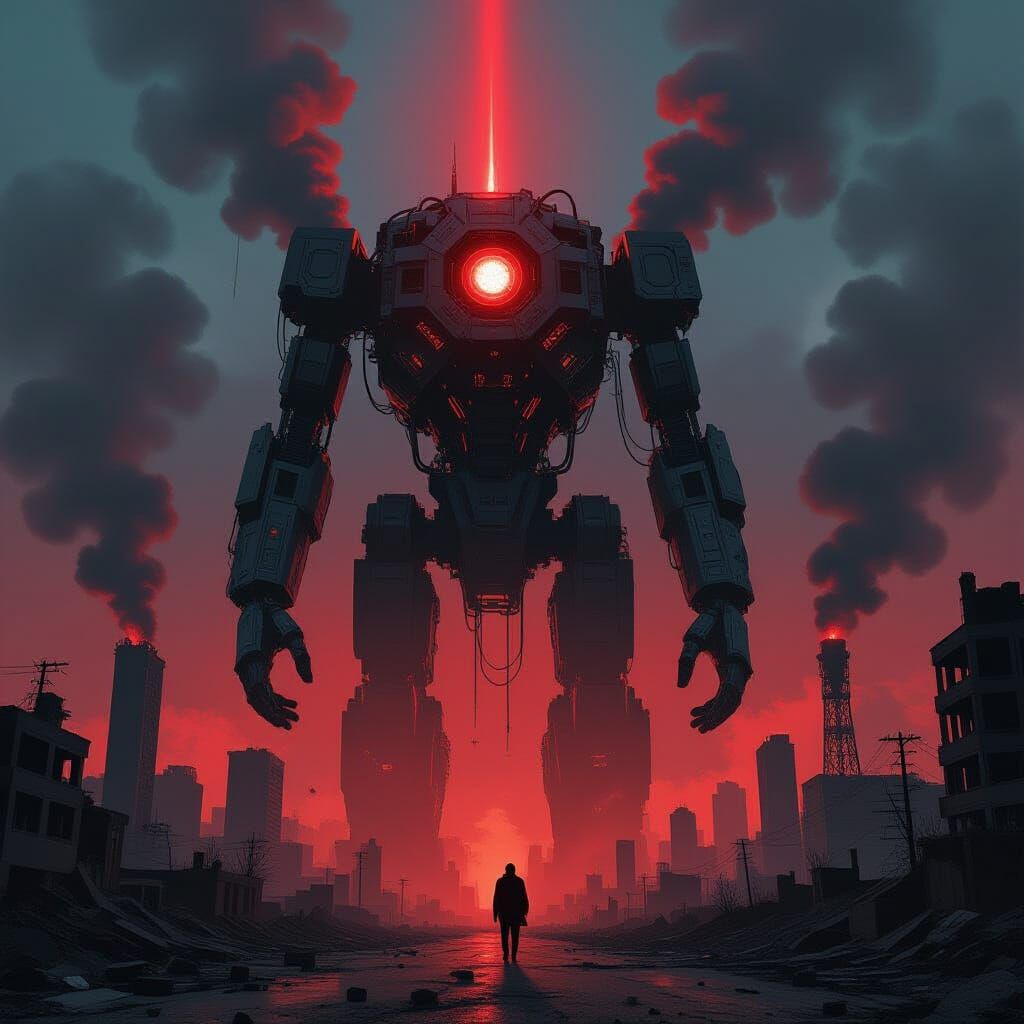 Dystopian AI Overlooks Crumbling Cityscape