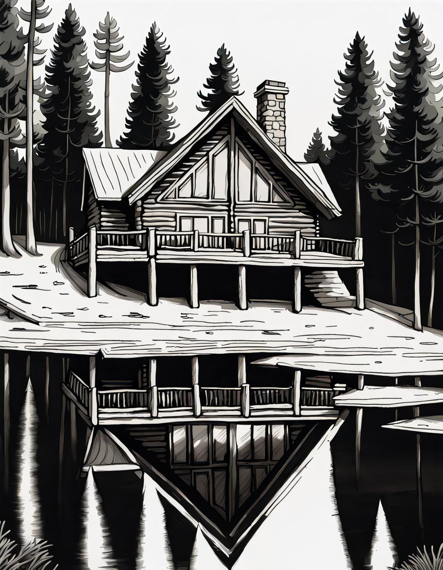 Log Cabin Mansion: Detailed Line Art Drawing