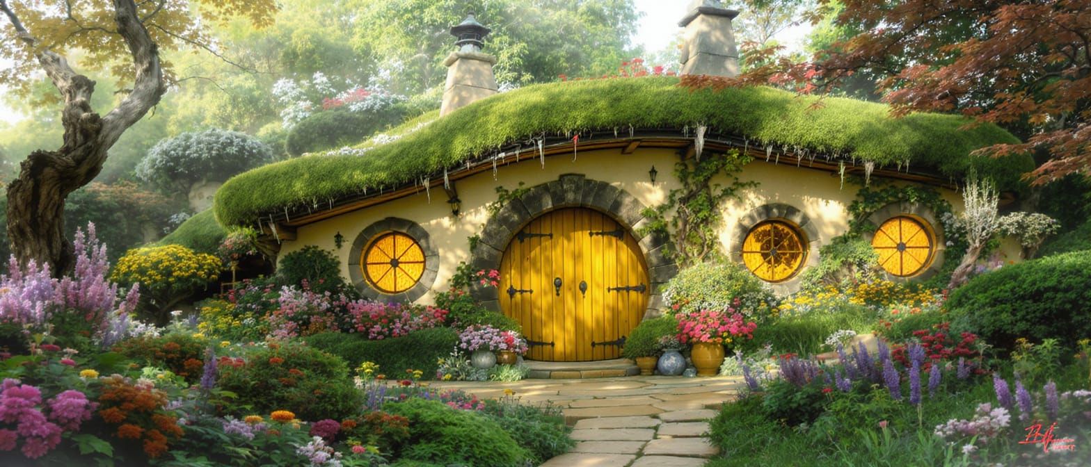 Enchanting Hobbit Cottage in Lush Garden, Alcohol Ink Art